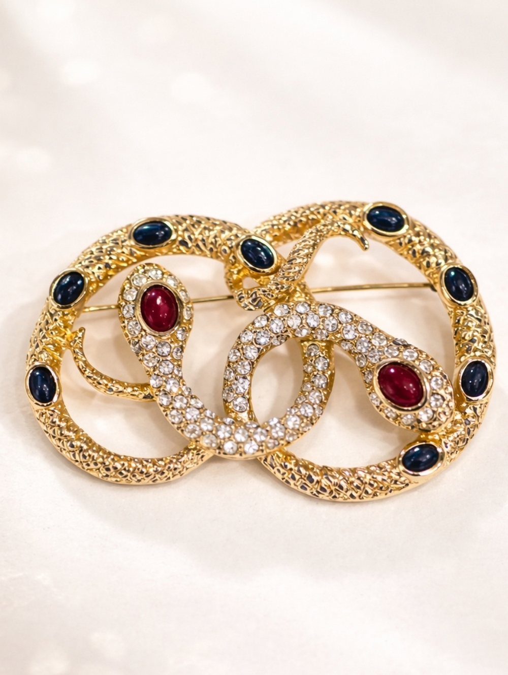 Kenneth Jay Lane KJL Gold-Tone Serpent Brooch w/ Red Blue Gripoix Cabochons 3in